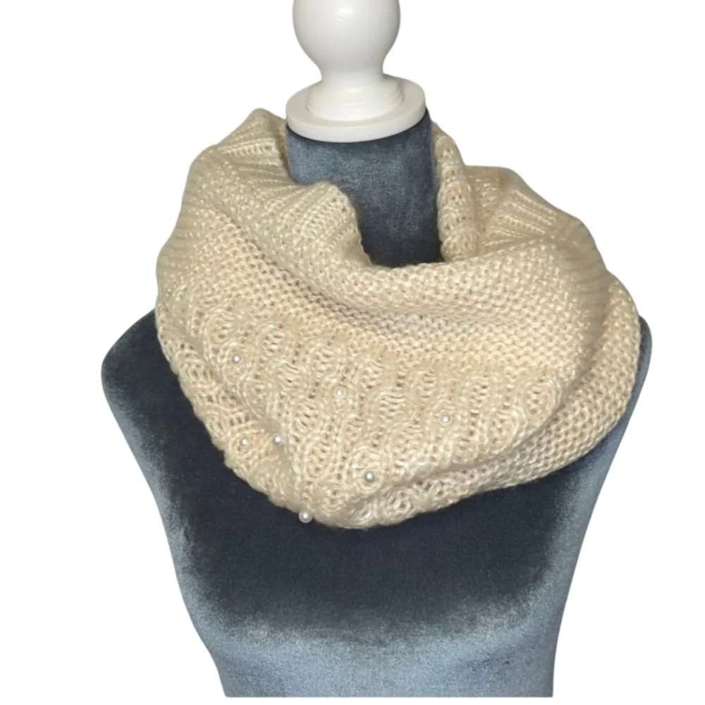 Betsey Johnson Cream Knit Snood Scarf with Pearls